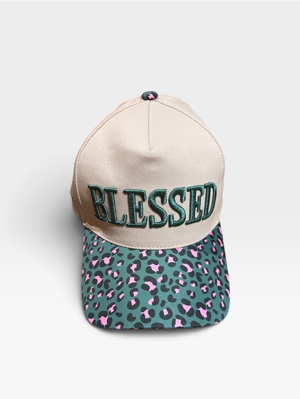 BLESSED Cream Baseball Cap with Green & Pink Leopard Brim